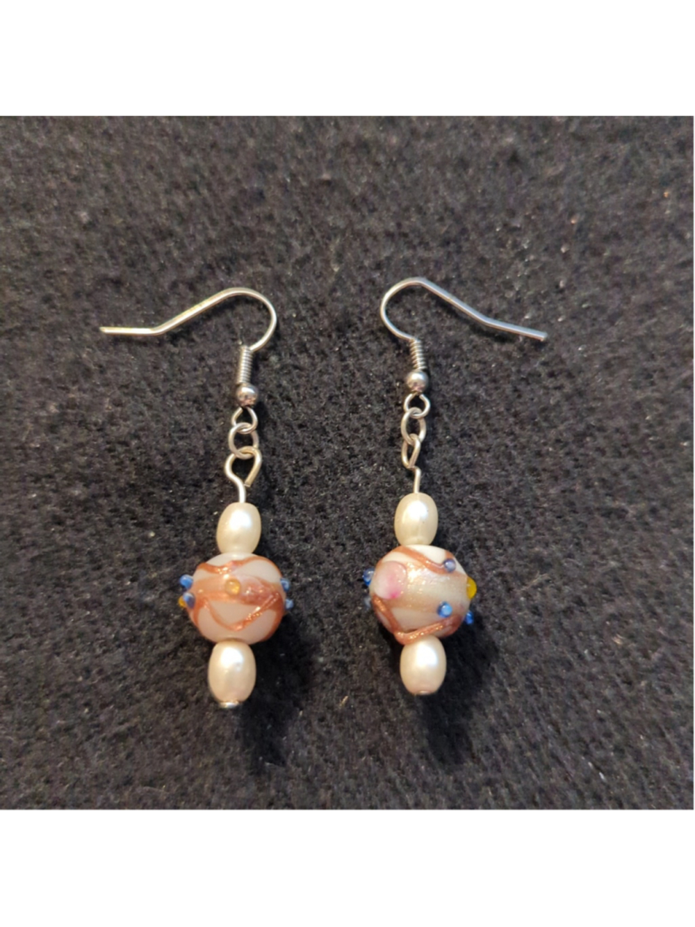 Silver Tone White Lampwork Glass Beaded Dangle Drop Statement Earrings - Picture 1 of 2